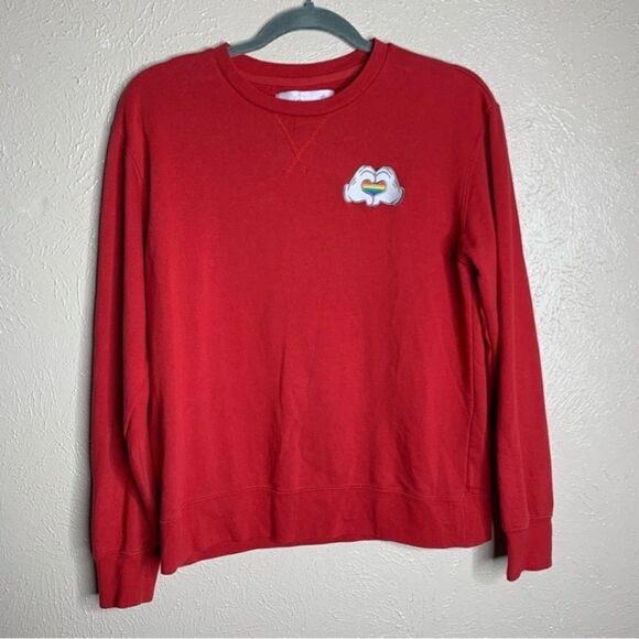 Disney Mickey Mouse heart hands rainbow pullover sweatshirt red - Picture 1 of 7